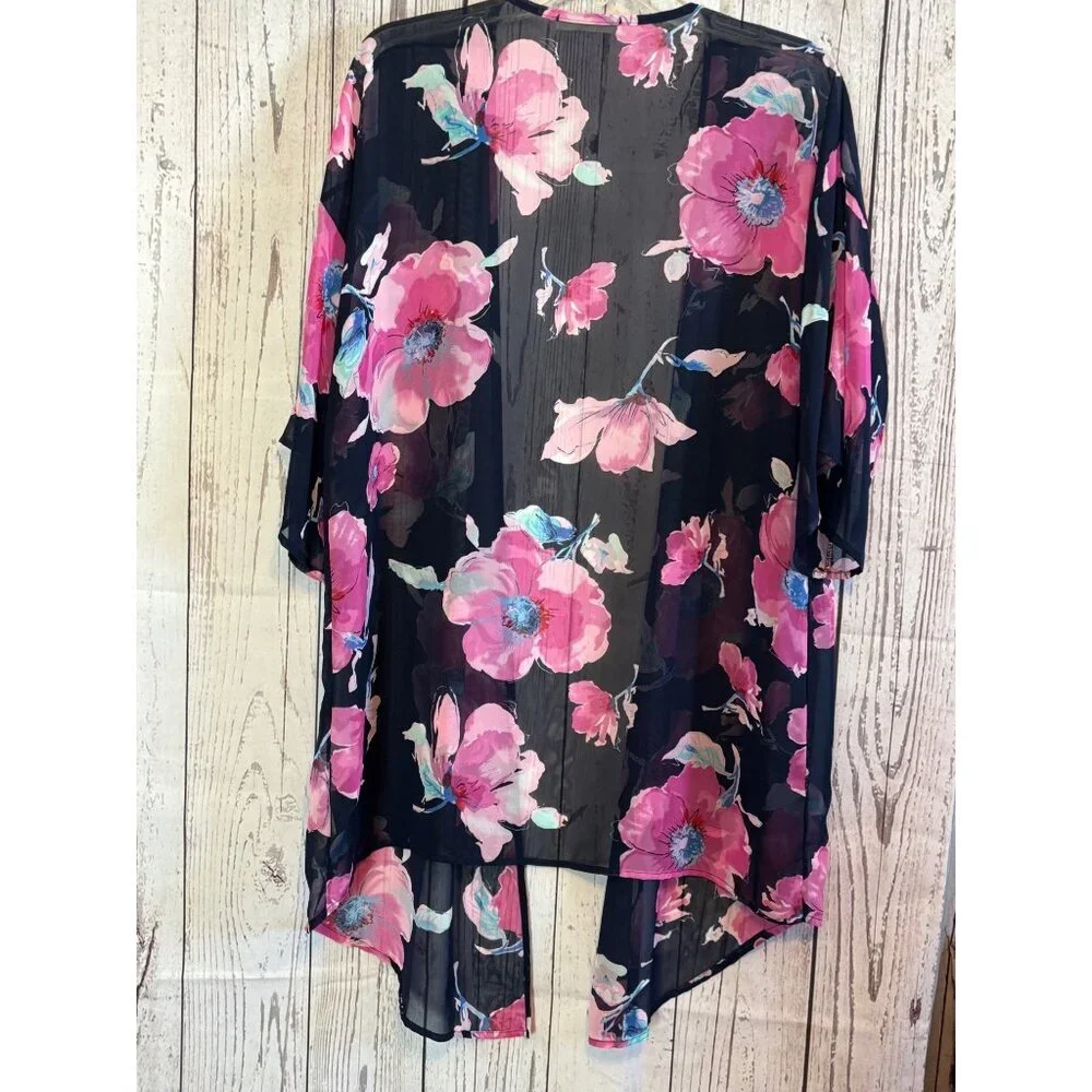 Emerald Blue & Pink Sheer Flowing Kimono Cardigan Cruise Party Jacket Medium